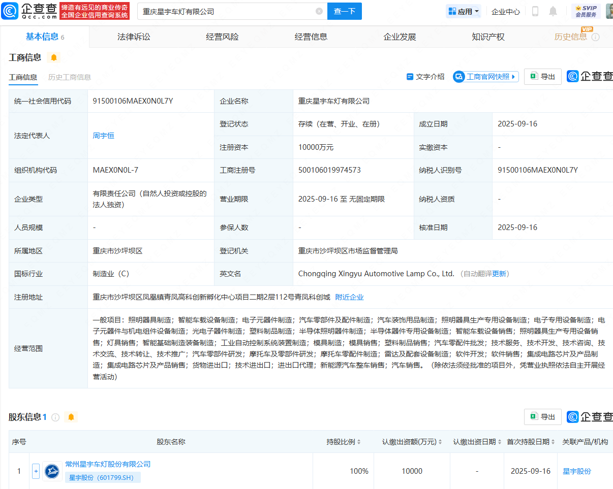 星宇股份成立新公司，含集成电路芯片业务